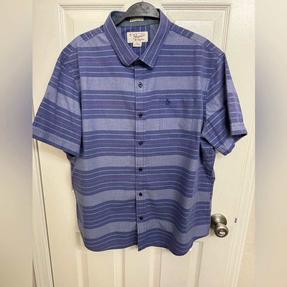 Penguin Purple Slim Fit Short Sleeve Casual Button Down Shirt
